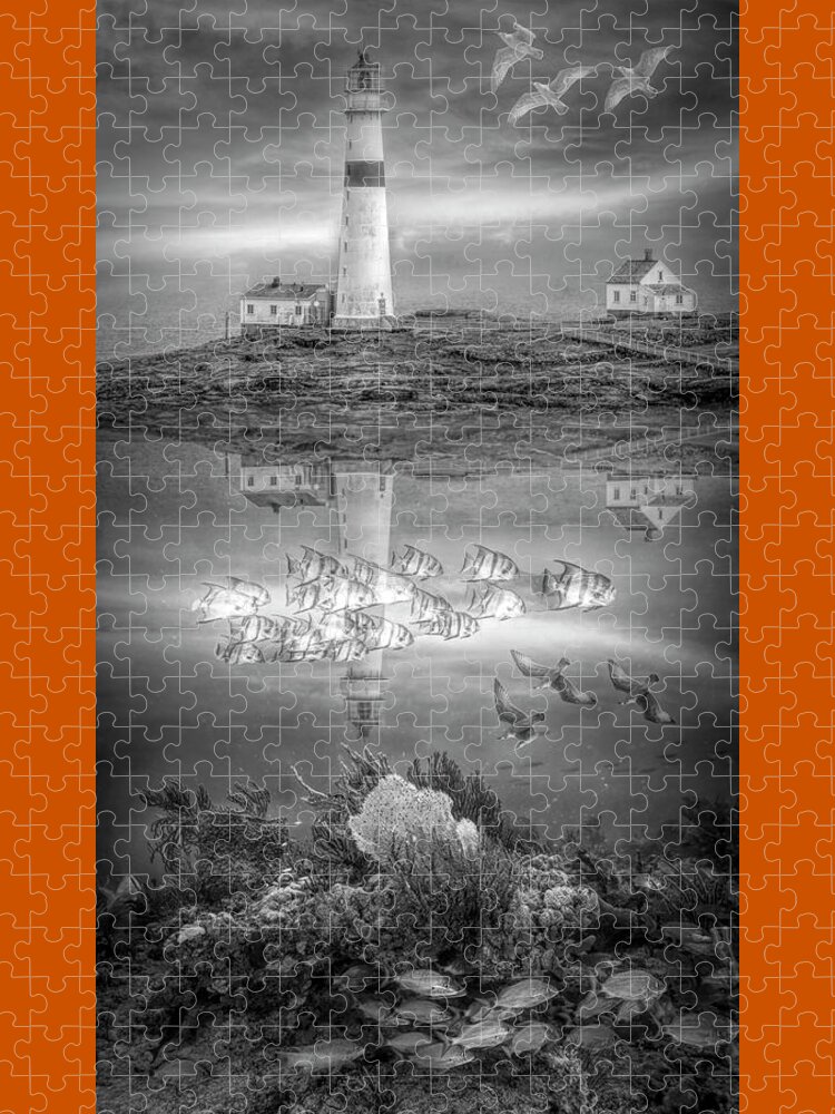 Birds Jigsaw Puzzle featuring the photograph Ocean's Jewels Lighthouse and Reef Black and White by Debra and Dave Vanderlaan