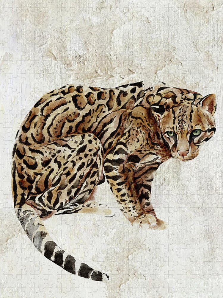 Ocelot Jigsaw Puzzle featuring the painting Ocelot Wild Cat Animal Painting by Garden Of Delights