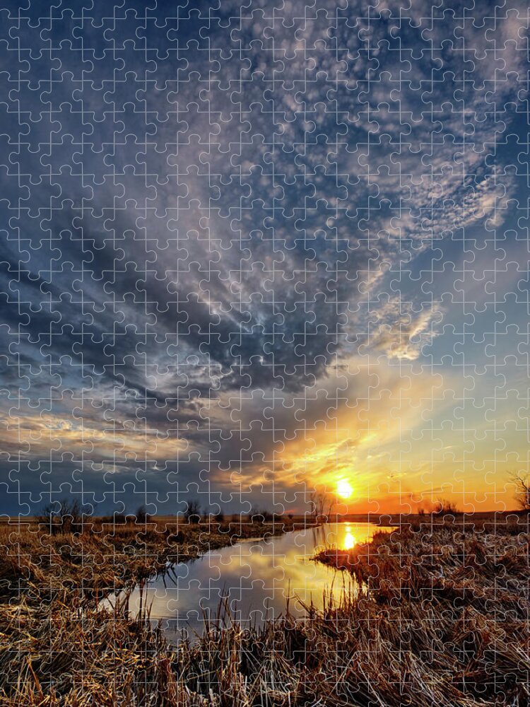Nd Jigsaw Puzzle featuring the photograph Oh Beautiful for Spacious Skies - ND sunset at a spring pond with cloud face by Peter Herman