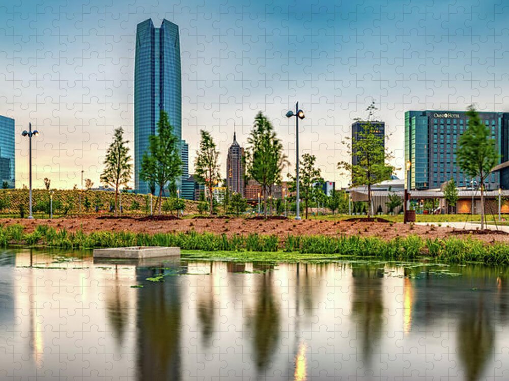 Oklahoma City Jigsaw Puzzle featuring the photograph Oklahoma City Skyline From Scissortail Park Lake Panorama by Gregory Ballos
