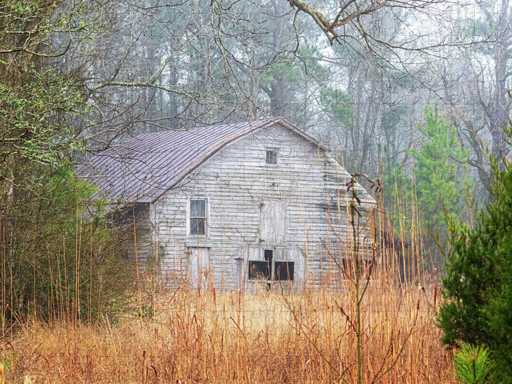 Barn Jigsaw Puzzle featuring the photograph Old Barn in Fog - Pamlico County North Carolina by Bob Decker