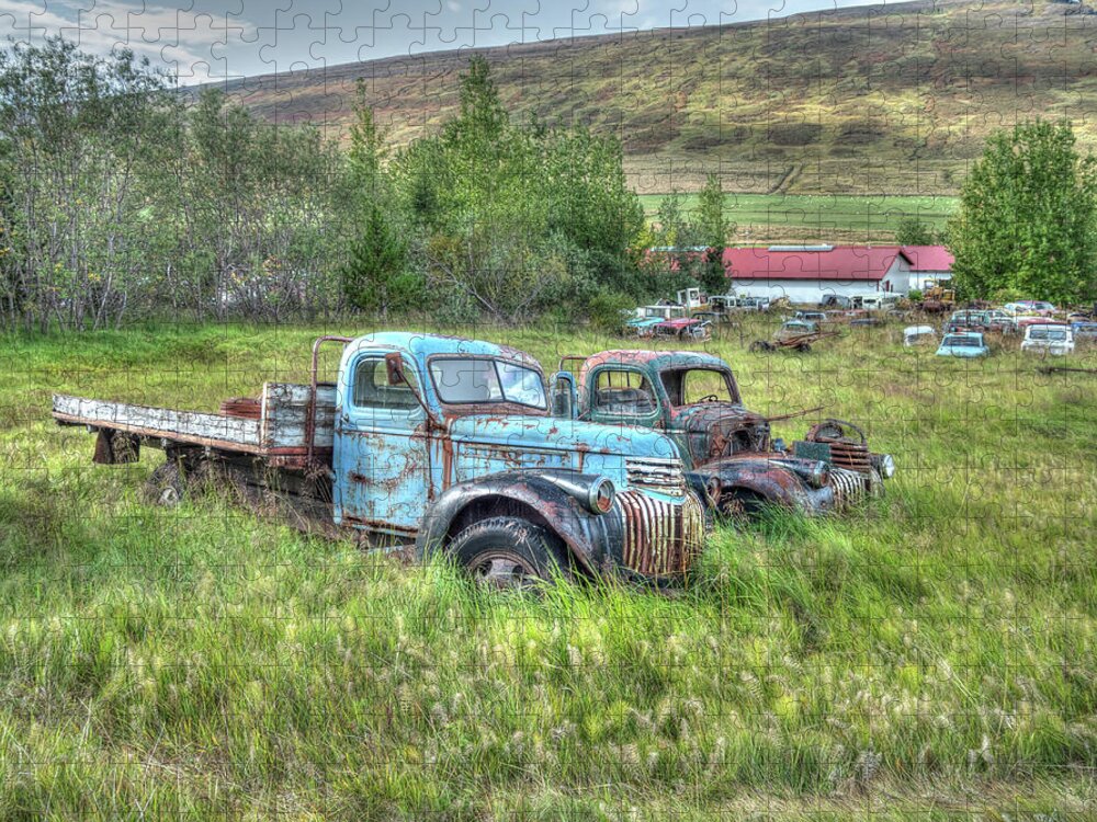 Ford Chevy Jigsaw Puzzle featuring the photograph Old Chevys at Ystafell Museum Iceland by Kristia Adams