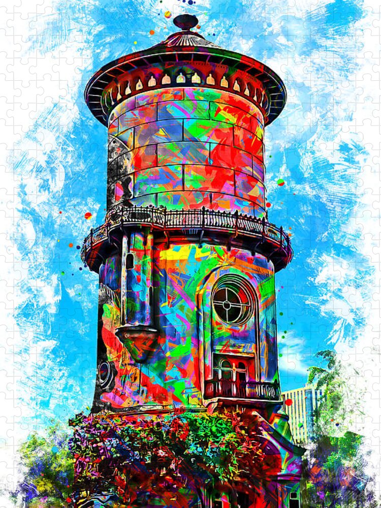 Old Water Tower Jigsaw Puzzle featuring the digital art Old Fresno Water Tower - colorful painting by Nicko Prints