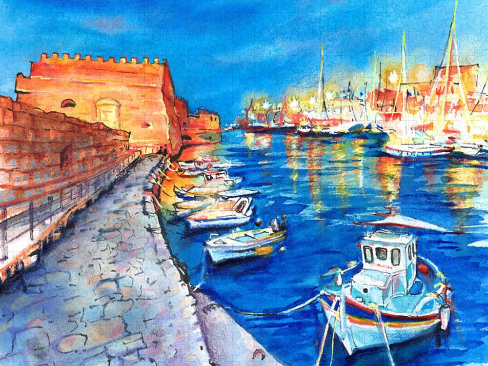 Heraklion Jigsaw Puzzle featuring the painting Old Harbour of Heraklion At Night by Miki De Goodaboom