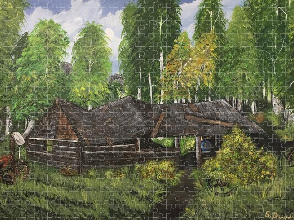 Old Log Cabin Jigsaw Puzzle featuring the painting Old Log Cabin and  Memories by Sharon Duguay