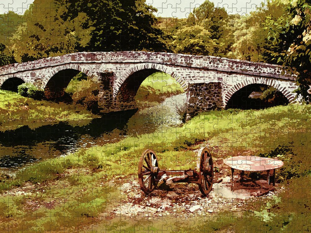 Old Stone Bridge Jigsaw Puzzle featuring the painting Old Stone Bridge in France by Menega Sabidussi