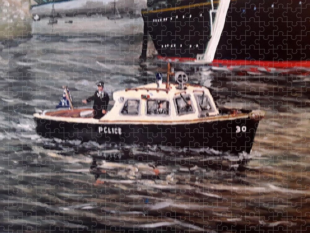 Police Jigsaw Puzzle featuring the painting Old Style Single Screw Thames Police Boat by Mackenzie Moulton