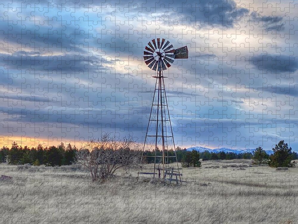 Winter Jigsaw Puzzle featuring the photograph Old Windmill at Sunset by Jerry Abbott