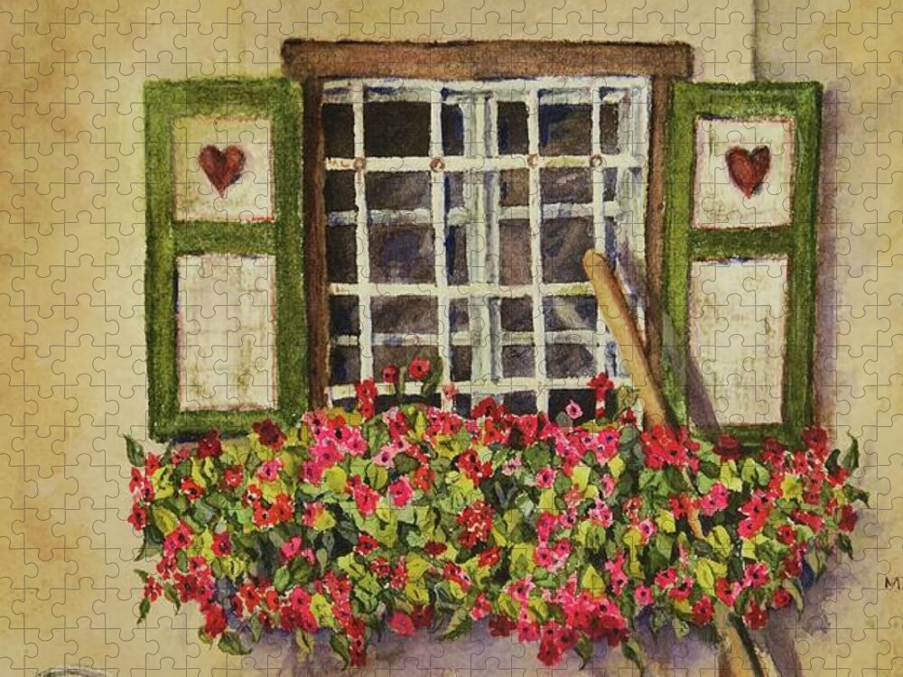 Rural Jigsaw Puzzle featuring the painting Old World Farm Window by Mary Ellen Mueller Legault