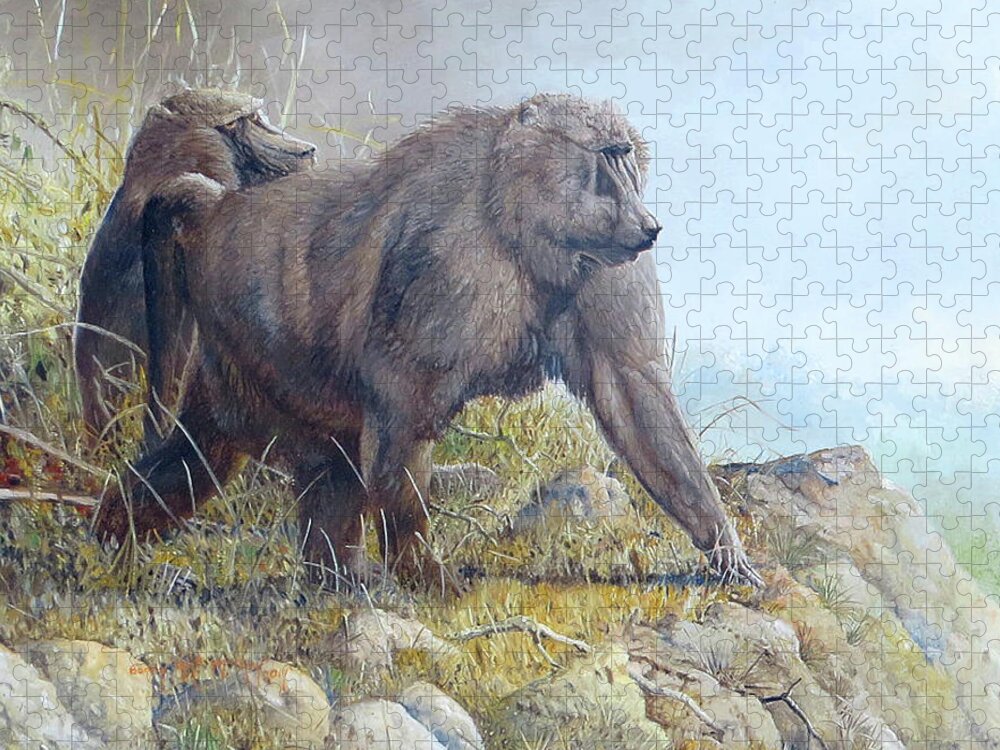 Olive Baboons Jigsaw Puzzle featuring the painting Olive Baboons by Barry Kent MacKay
