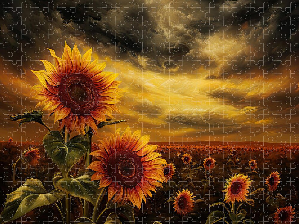 Sun Flower Jigsaw Puzzle featuring the photograph Ominous Beauty - Sunflowers in a Storm - Sunflowers at Sunset by Lourry Legarde