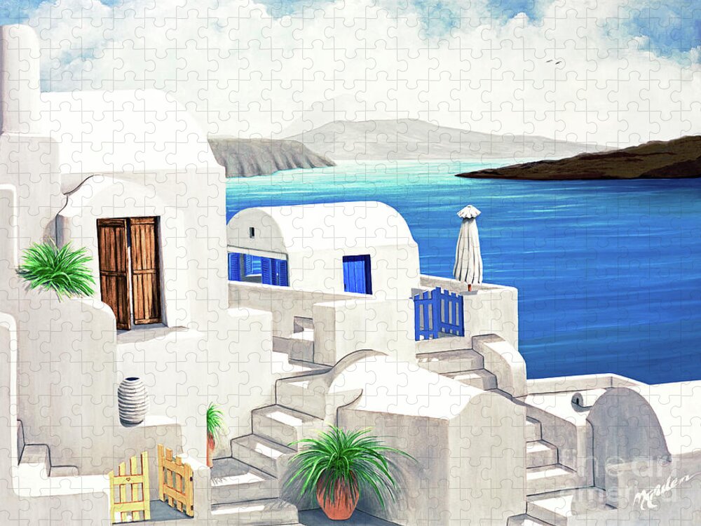 Santorini Jigsaw Puzzle featuring the painting SANTORINI AT OIA-prints of 0il painting small-large and products by Mary Grden