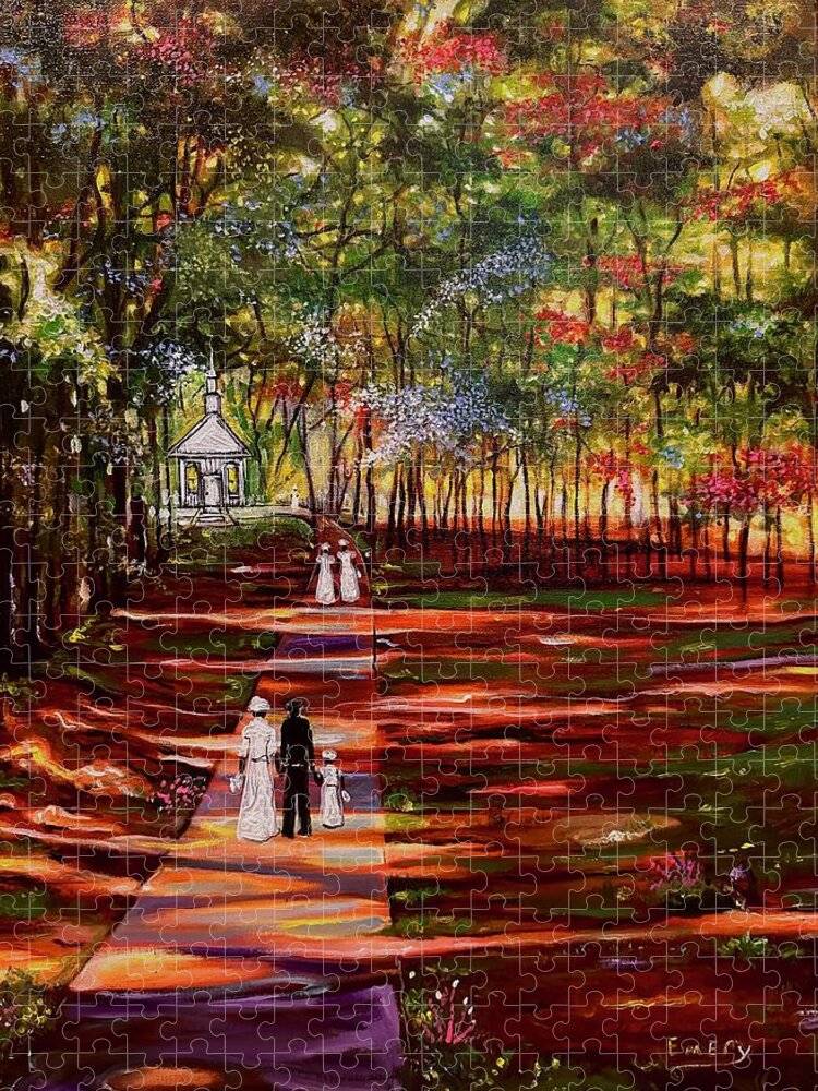African-american Landscape Jigsaw Puzzle featuring the painting On our way to church by Emery Franklin