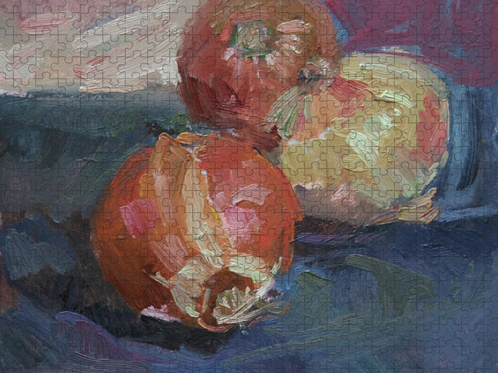 Still Life With Onions Puzzle featuring the painting Onions by Elizabeth J Billups
