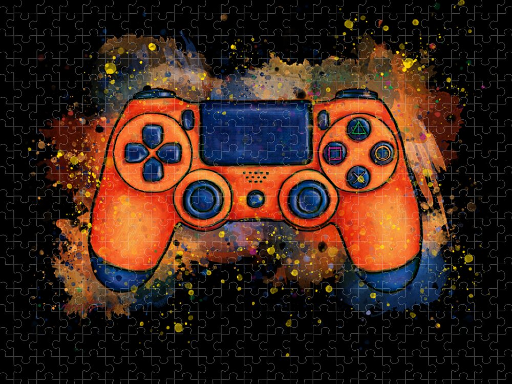 Gaming Jigsaw Puzzle featuring the painting Orange game controller splatter art, gaming by Nadia CHEVREL