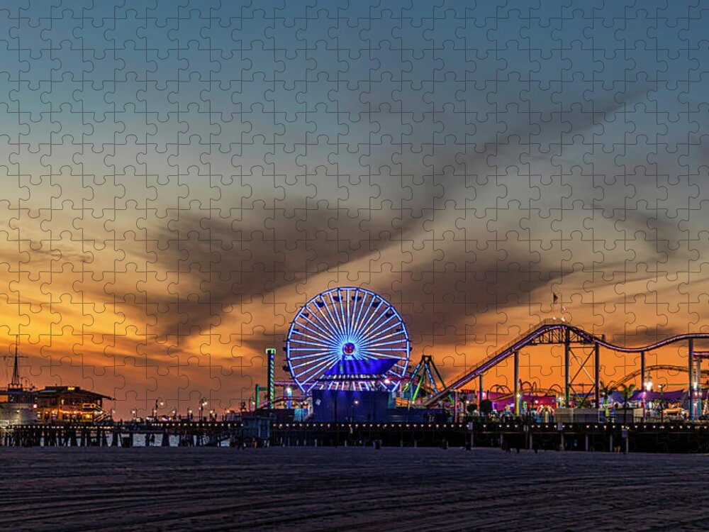 Santa Monica Pier Jigsaw Puzzle featuring the photograph Orange Glow At Dusk by Gene Parks