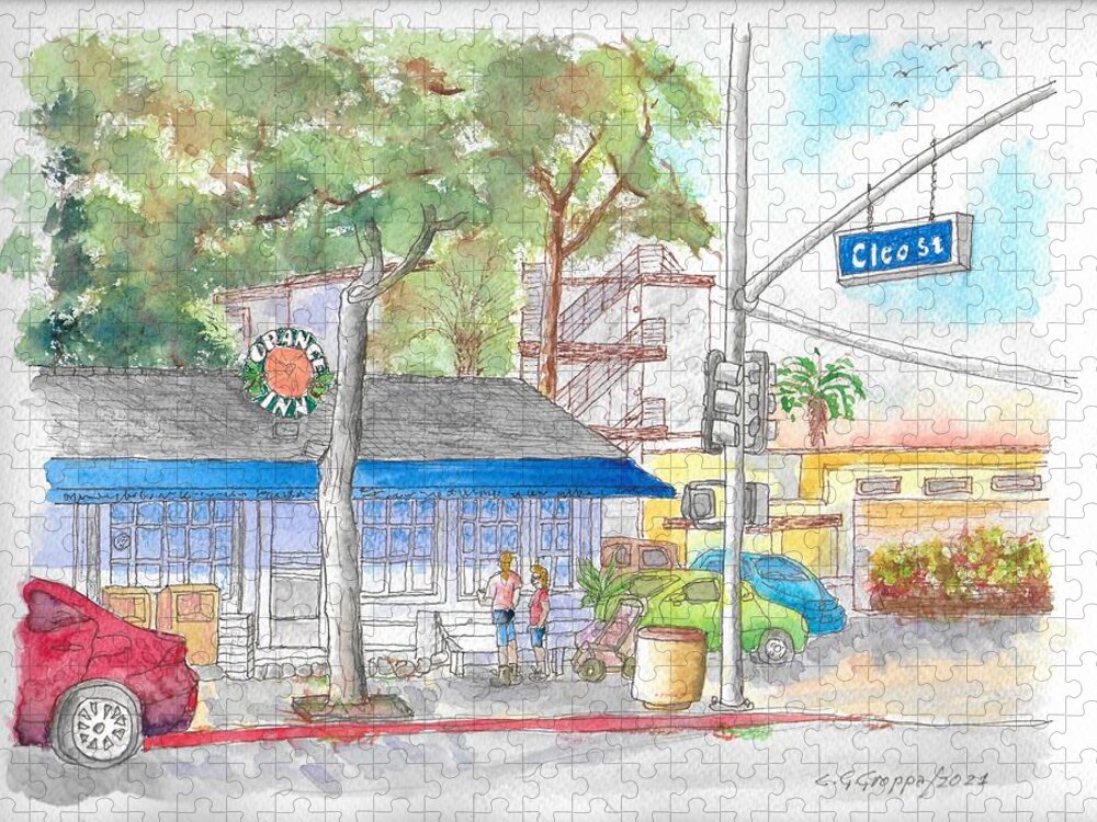 Orange Inn Cafe Jigsaw Puzzle featuring the painting Orange Inn Cafe, Laguna Beach, California by Carlos G Groppa
