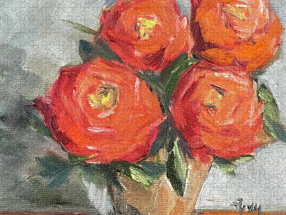Roses Jigsaw Puzzle featuring the painting Orange Roses by Roxy Rich