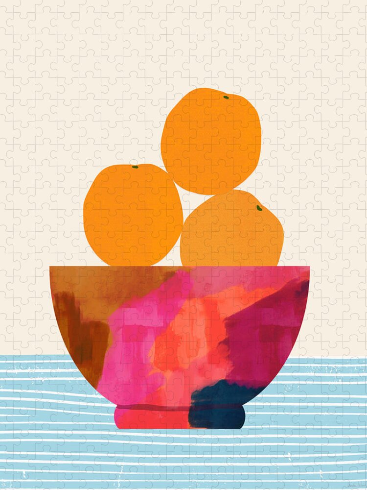 Oranges Jigsaw Puzzle featuring the digital art Oranges In A Painted Bowl- Art by Linda Woods by Linda Woods