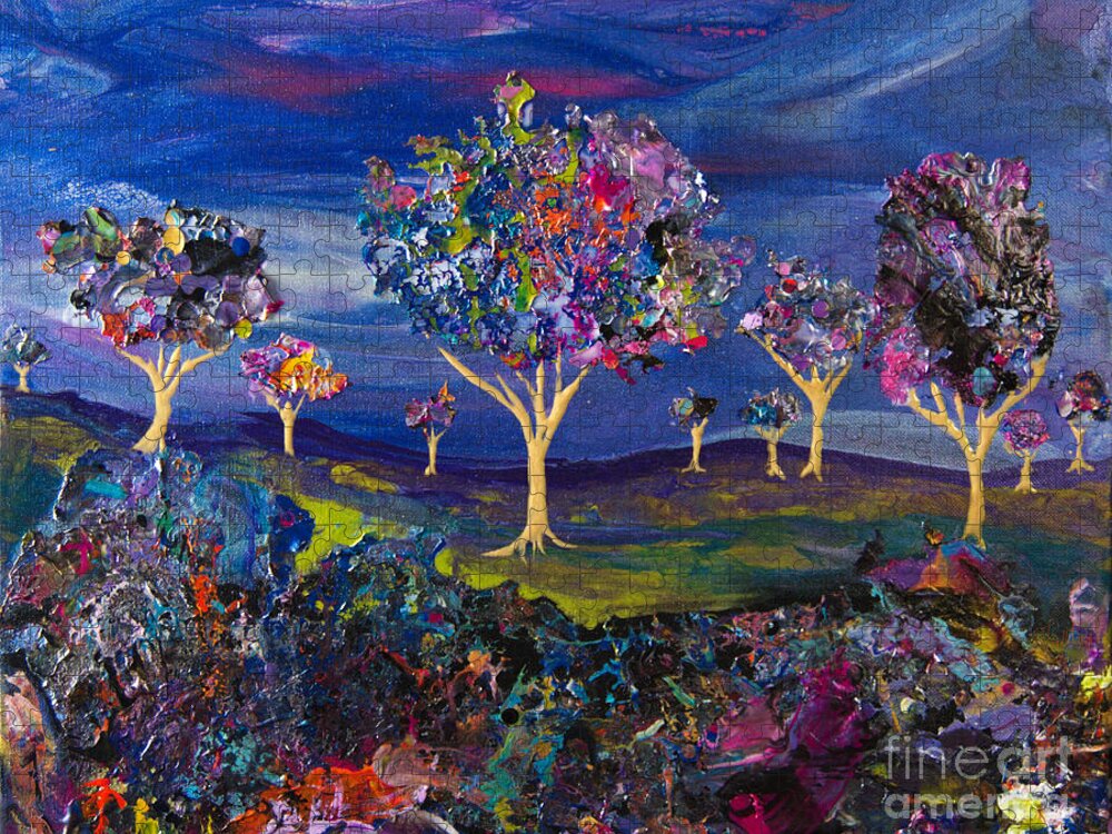 Landscape Collage Trees Orchard Jigsaw Puzzle featuring the painting Orchard On The Hill 7697B by Priscilla Batzell Expressionist Art Studio Gallery