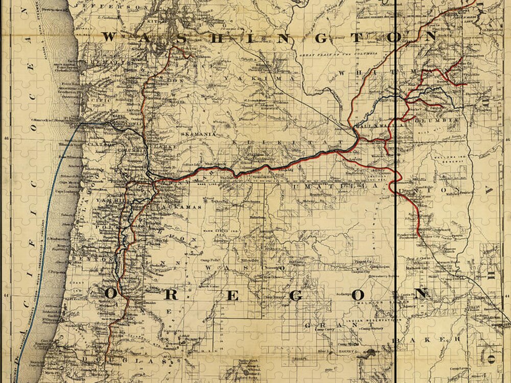 Rails Jigsaw Puzzle featuring the drawing Oregon and Washington Territory 1880 by Vintage Railroad Maps