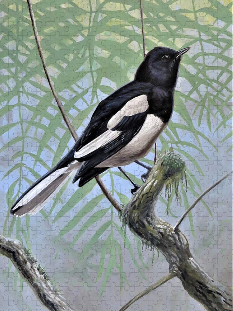 Oriental Magpie-robin Jigsaw Puzzle featuring the painting Oriental Magpie-Robin by Barry Kent MacKay