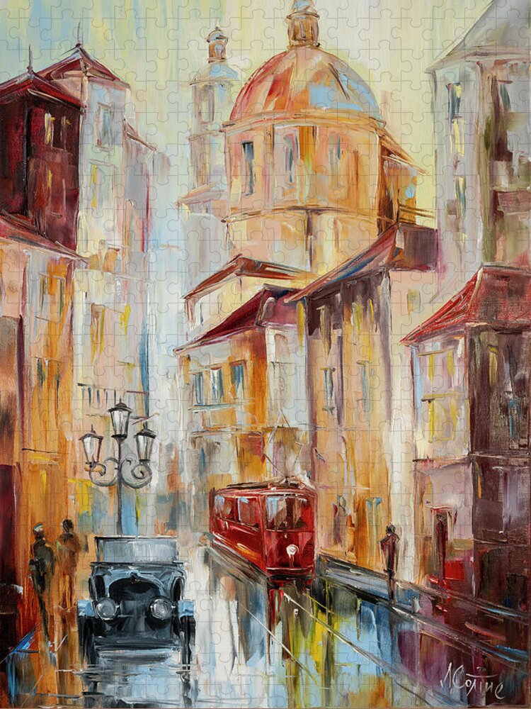 Original Abstract Old Town Painting on Canvas, Architecture Wall