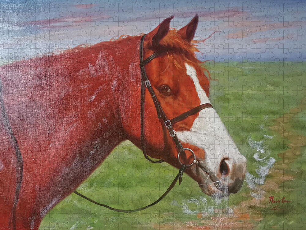 Original Jigsaw Puzzle featuring the painting Original Oil Painting - Red Horse by Hongtao Huang