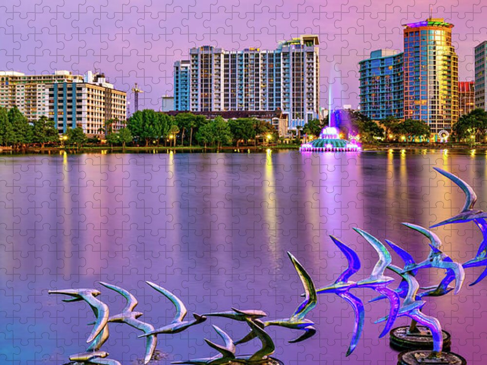 Orlando Skyline Jigsaw Puzzle featuring the photograph Orlando Skyline Taking Flight - Lake Eola Panorama by Gregory Ballos