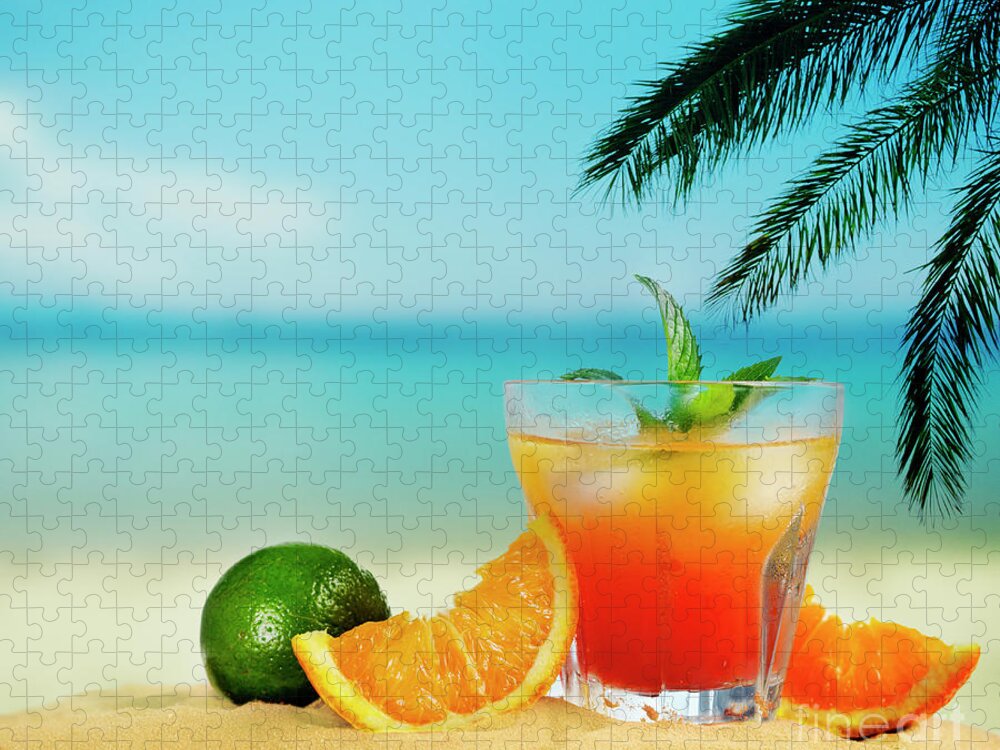 Cocktail Jigsaw Puzzle featuring the photograph Ornage Cocktail on the beach by Jelena Jovanovic