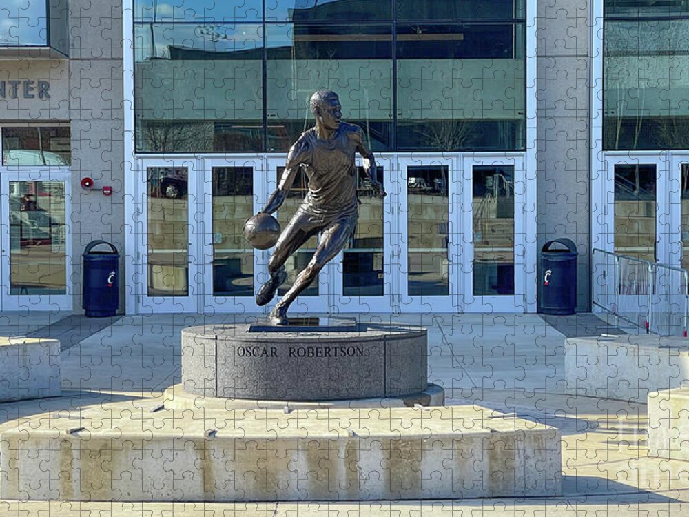 Basketball Jigsaw Puzzle featuring the photograph Oscar Robertson Statue in Front of University of Cincinnati Fifth Third Arena 5318 by Jack Schultz