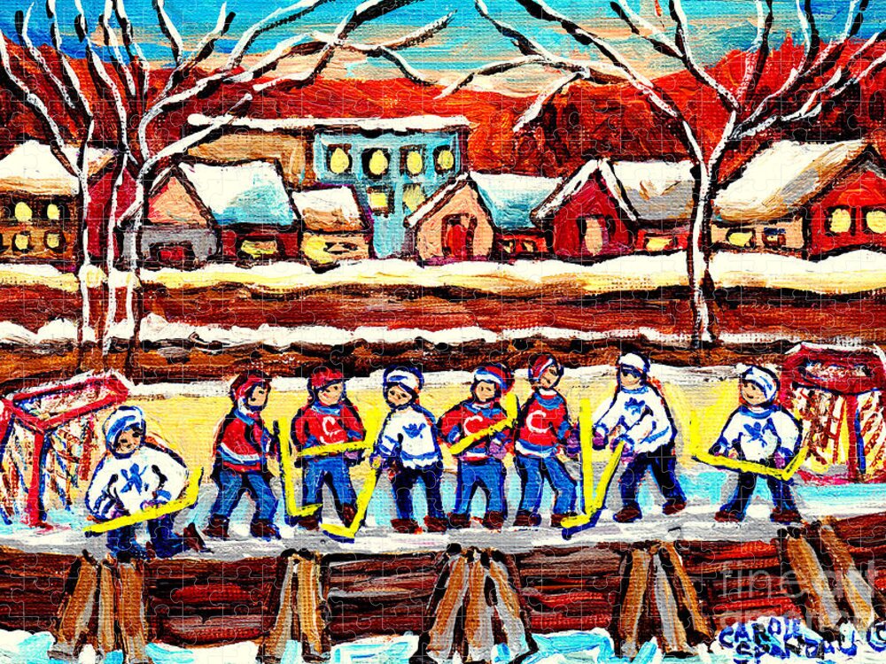 Hockey Jigsaw Puzzle featuring the painting Outdoor Hockey Rink Cozy Village Painting Canadian Art Winter Landscape Scene C Spandau Artist by Carole Spandau