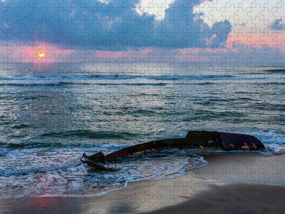 Beach Jigsaw Puzzle featuring the photograph Outer Banks Shipwreck Returns to Sea 81 by Dan Carmichael