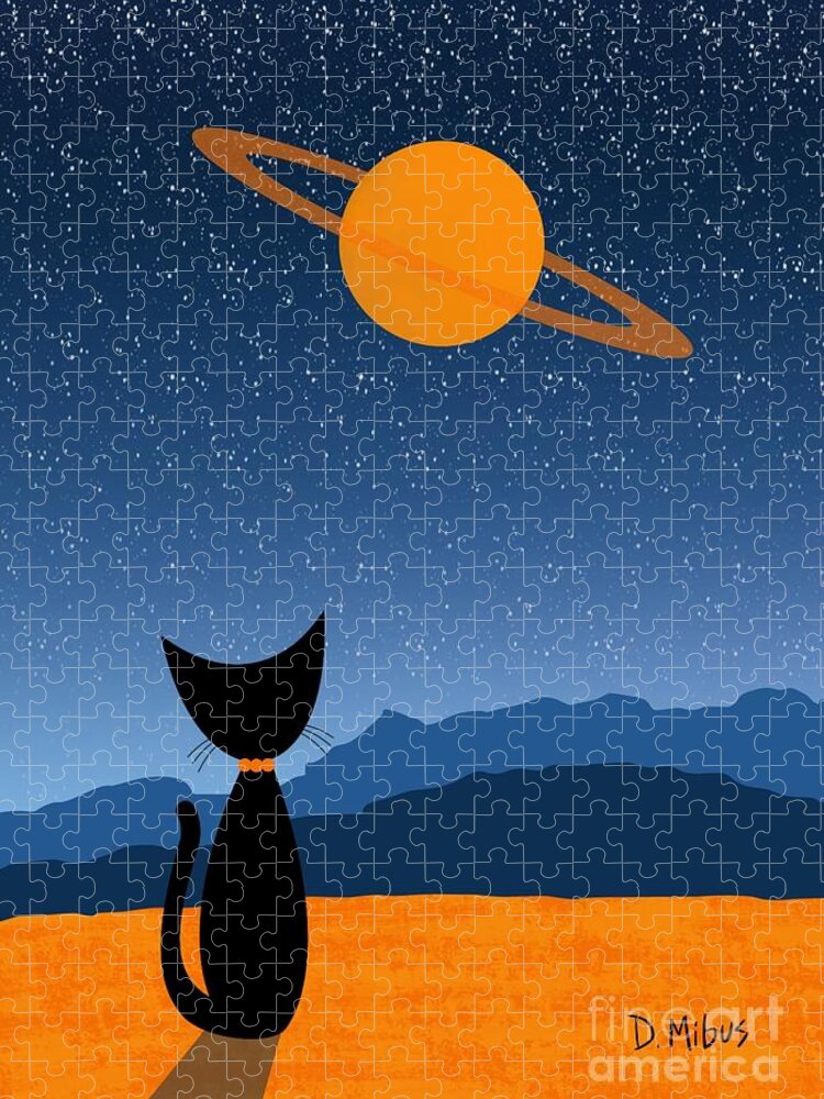  Jigsaw Puzzle featuring the digital art Outer Space Cat Admires Ringed Planet 2 by Donna Mibus