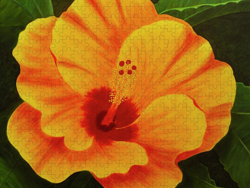 Hibiscus Jigsaw Puzzle featuring the painting Over-Achiever by Donna Manaraze