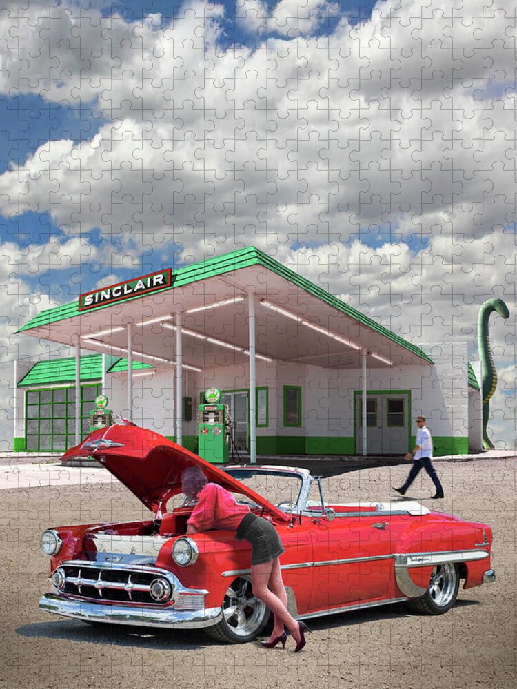 54 Chevy Belair Jigsaw Puzzle featuring the photograph Over heating at the Sinclair Station V by Mike McGlothlen