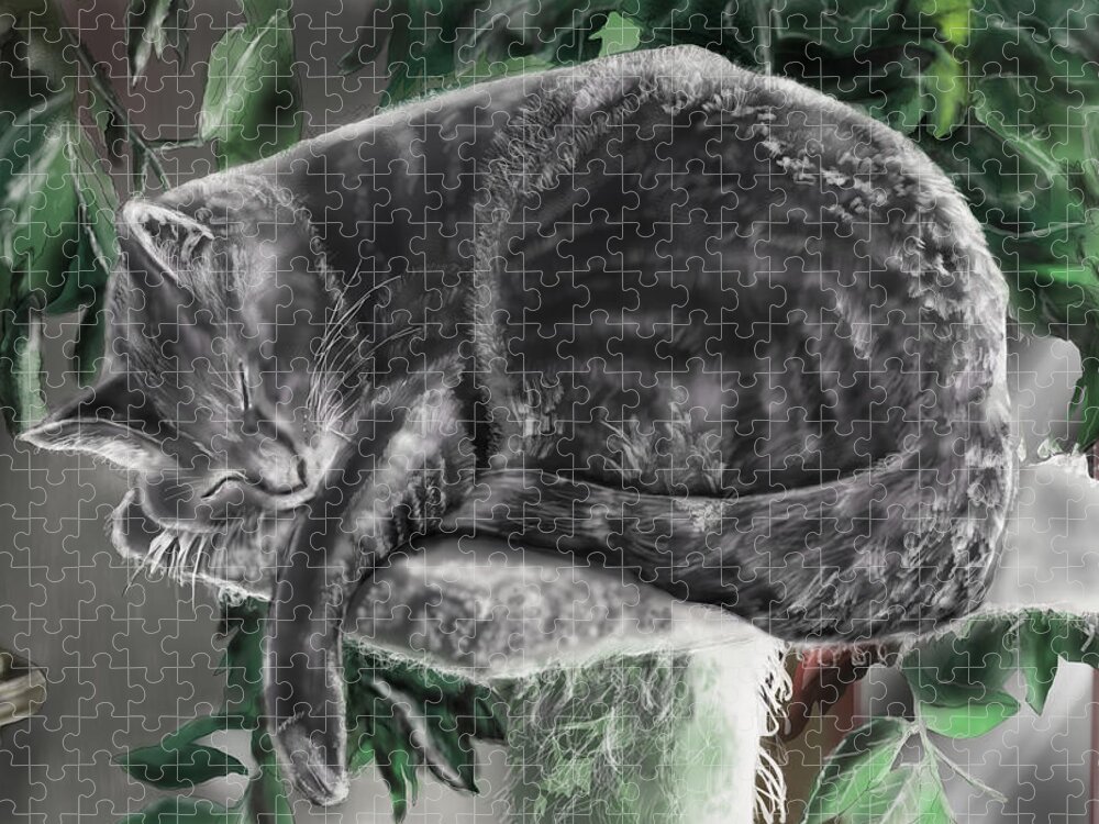 Animal Portrait Jigsaw Puzzle featuring the painting Overdue Cat nap by Rob Hartman