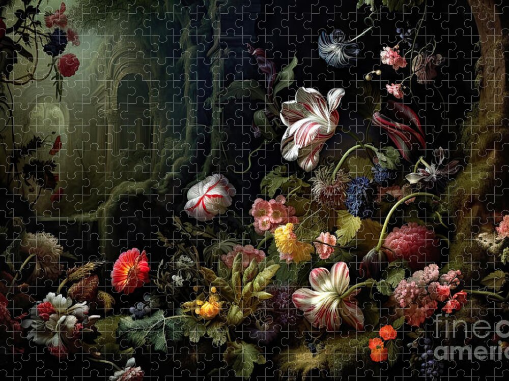 Overgrown secret garden, with trailing flowers and vines. Lush growth with  buildings being reclaimed by nature. In the style of Dutch Old Masters.  Digital illustration. Jigsaw Puzzle by Jane Rix - Pixels