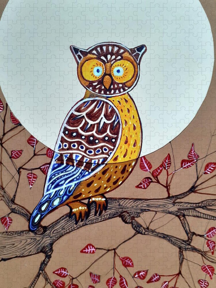 Owl Jigsaw Puzzle featuring the mixed media Awake by Carolina Prieto Moreno