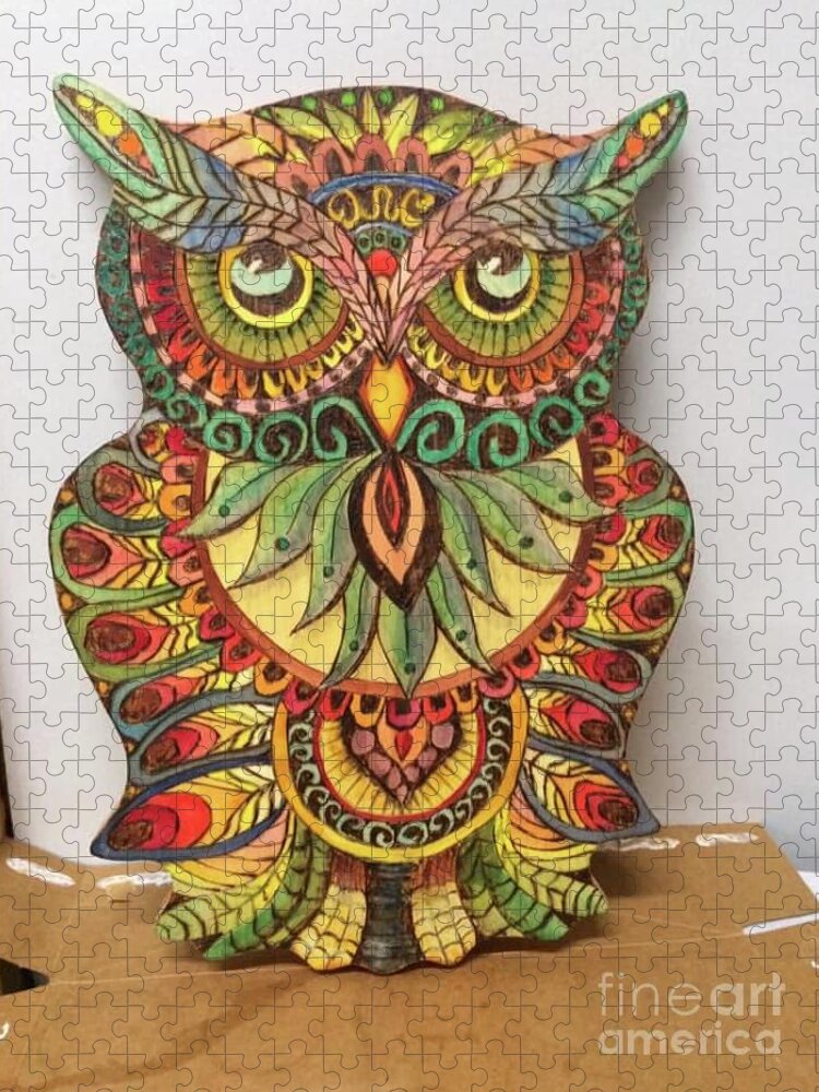 Owl Jigsaw Puzzle featuring the pyrography Owl by Denise Tomasura