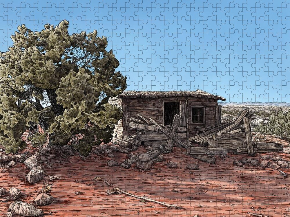 Owl Draw Jigsaw Puzzle featuring the digital art Owl Draw Cabin by Rick Adleman