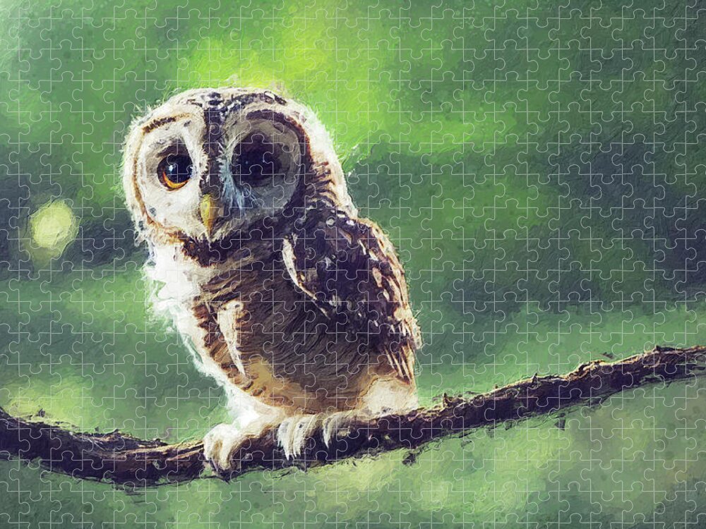 Own Jigsaw Puzzle featuring the digital art Owl in a tree by Geir Rosset