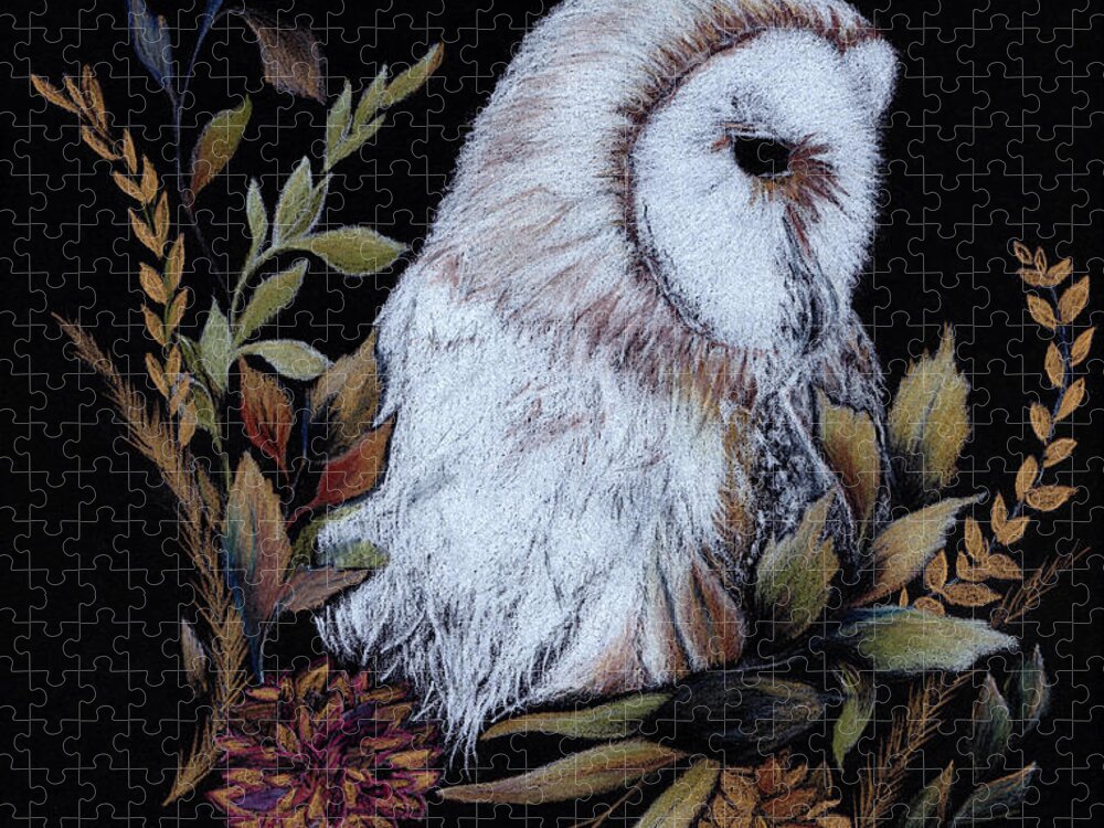 Owl Jigsaw Puzzle featuring the drawing Floral Barn Owl by Katrina Nixon