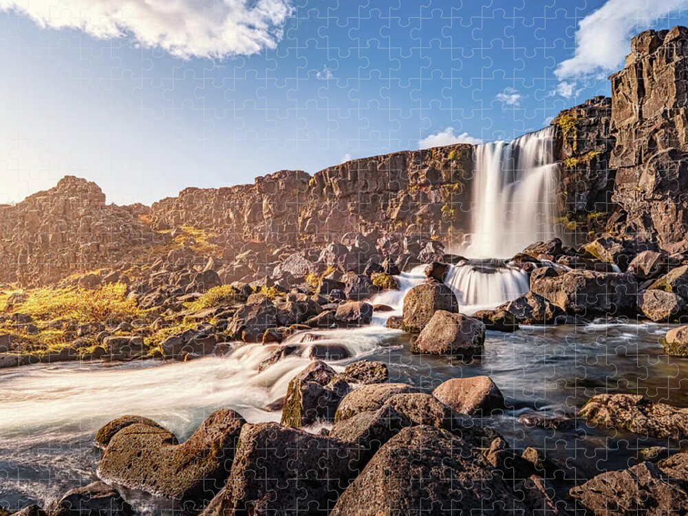 Oxararfoss Jigsaw Puzzle featuring the photograph Oxararfoss Waterfall in Iceland by Alexios Ntounas