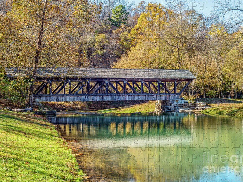 Covered Bridge Jigsaw Puzzle featuring the photograph Ozarks Fall Rustic Covered Bridge by Jennifer White