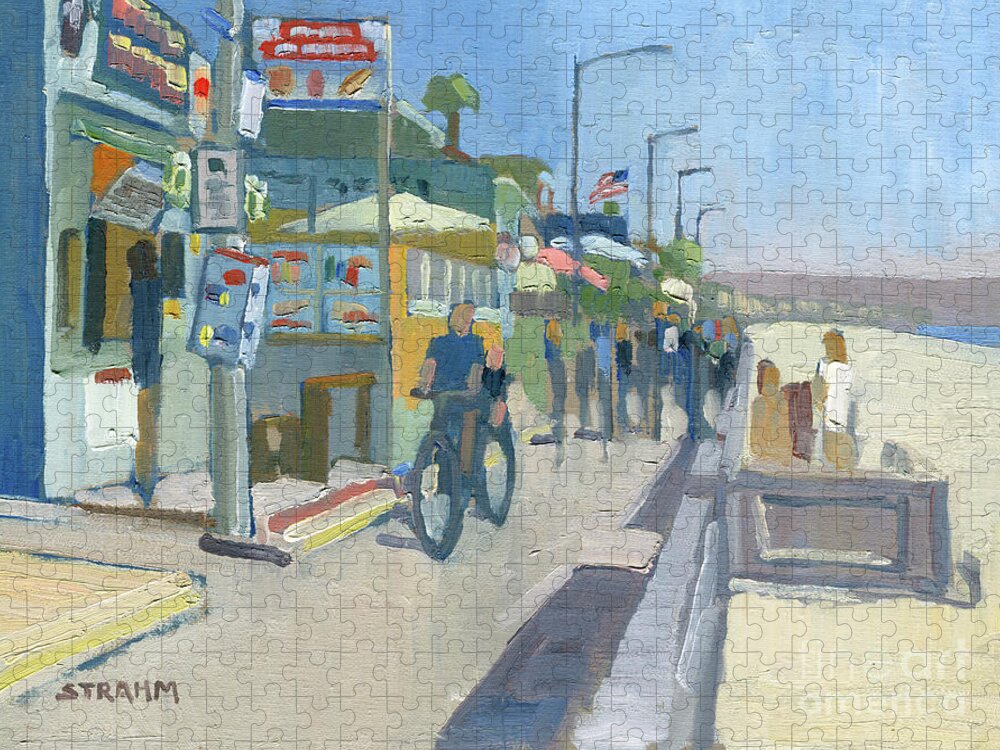 Pacific Beach Jigsaw Puzzle featuring the painting Pacific Beach Boardwalk at Reed Ave. - San Diego, California by Paul Strahm