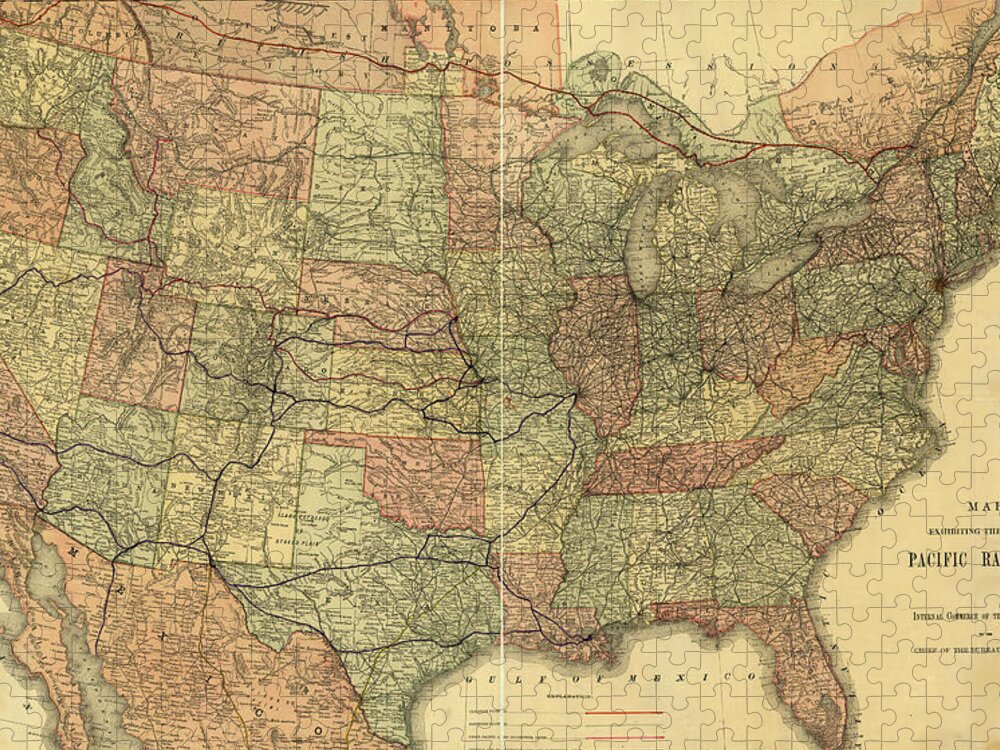 Rails Jigsaw Puzzle featuring the drawing Pacific Railroads of The United States 1883 by Vintage Maps