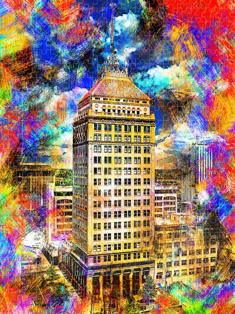 Pacific Southwest Building Jigsaw Puzzle featuring the digital art Pacific Southwest Building in Fresno - colorful painting by Nicko Prints