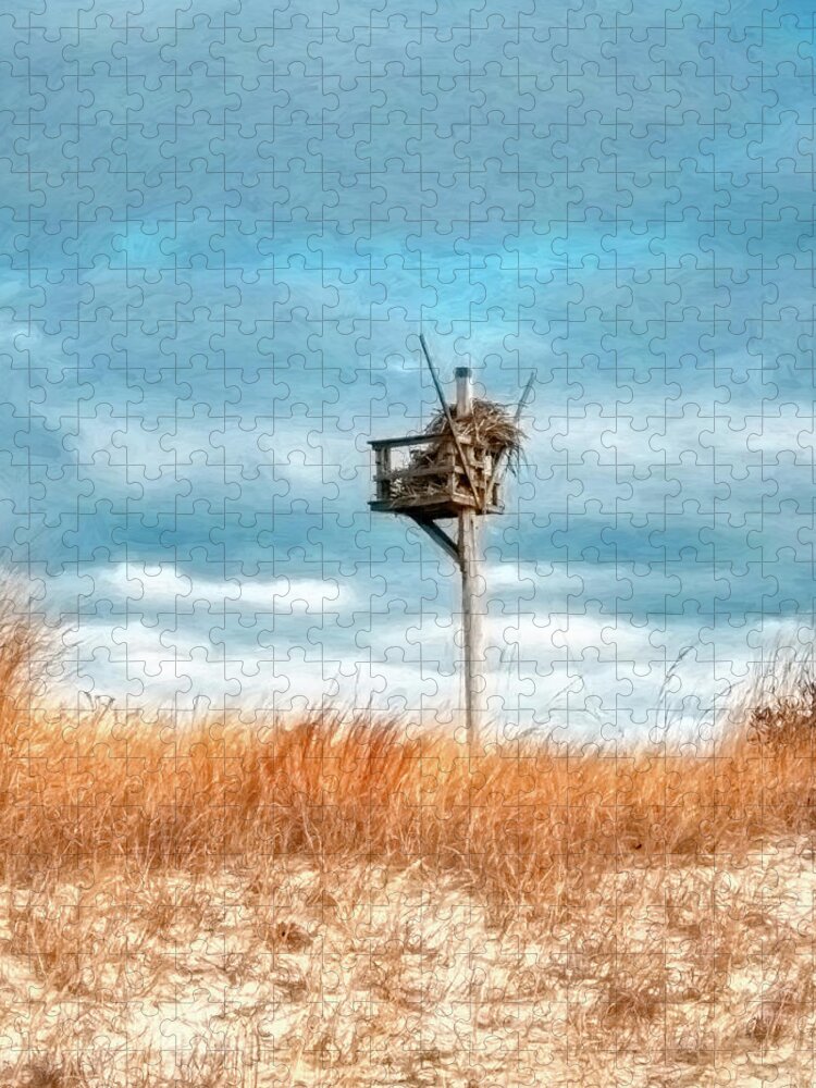 Painterly Jigsaw Puzzle featuring the photograph Painterly Osprey Nest At The Beach by Gary Slawsky