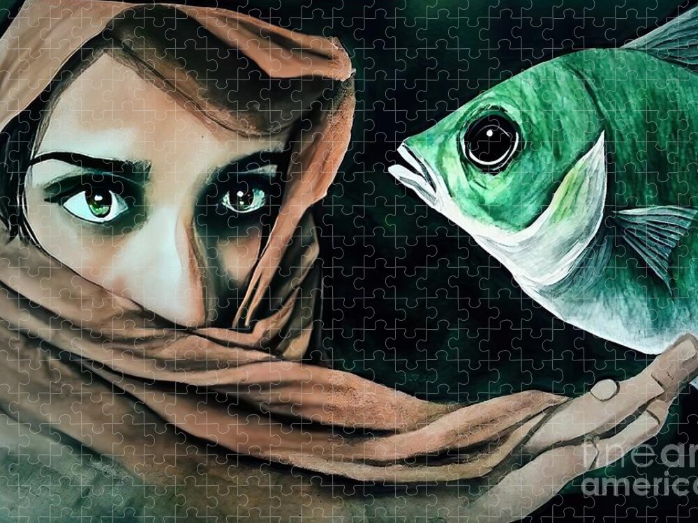 Art Jigsaw Puzzle featuring the painting Painting Fish Eyes art illustration face woman gi by N Akkash